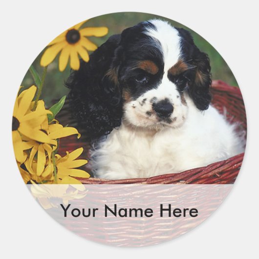 Puppy en Flowers in een Basket Bookplate Sticker (Voorkant)