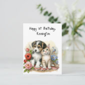 Puppy en kitten Baby eerste verjaardag gepersonali Briefkaart (Staand voorkant)