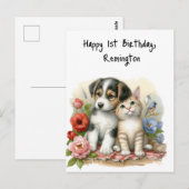Puppy en kitten Baby eerste verjaardag gepersonali Briefkaart (Voorkant / Achterkant)