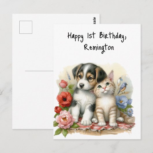 Puppy en kitten Baby eerste verjaardag gepersonali Briefkaart (Voorkant / Achterkant)
