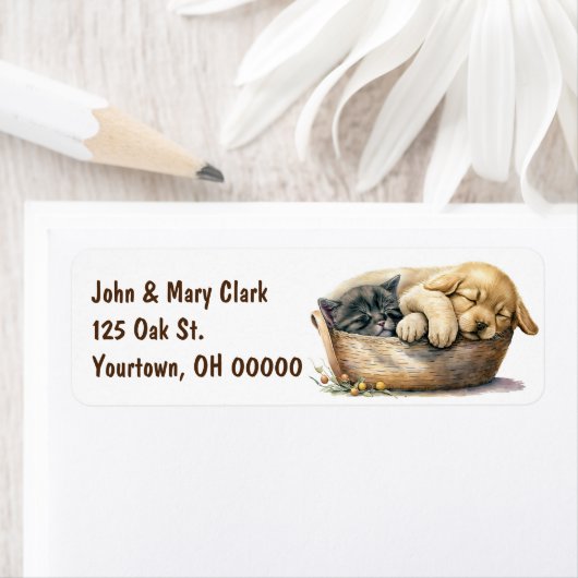 Puppy en kitten in mand etiket (Insitu)