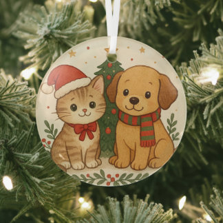 Puppy en kitten kerstsfeer glas ornament