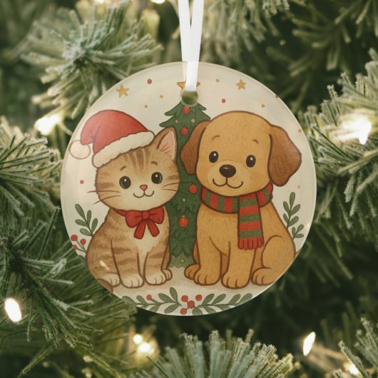 Puppy en kitten kerstsfeer glas ornament (Insitu)