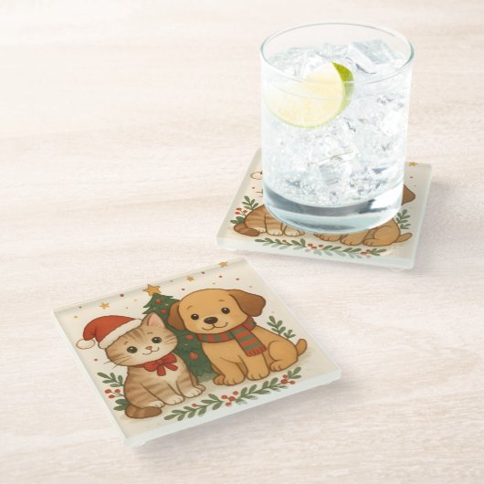 Puppy en kitten kerstsfeer glazen onderzetter (Schuin)