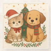 Puppy en kitten kerstsfeer glazen onderzetter (Voorkant)