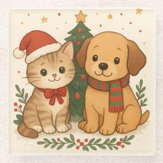 Puppy en kitten kerstsfeer glazen onderzetter (Voorkant)