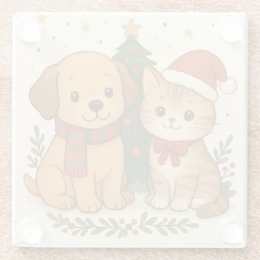 Puppy en kitten kerstsfeer glazen onderzetter (Achterkant)