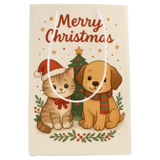 Puppy en kitten kerstsfeer medium cadeauzakje (Voorkant)