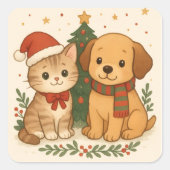 Puppy en kitten kerstsfeer vierkante sticker (Voorkant)
