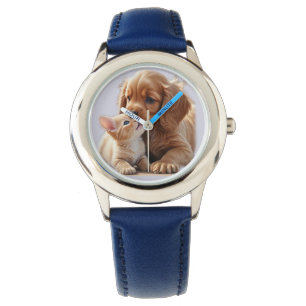 Puppy en kitten kijken horloge