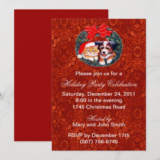 Puppy en kitten krans vakantie partij uitnodiginge kaart (Voorkant / Achterkant)