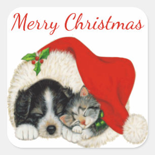 Puppy en Kitten Merry-kerstaker Vierkante Sticker