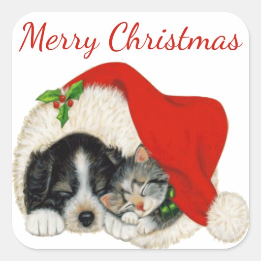 Puppy en Kitten Merry-kerstaker Vierkante Sticker (Voorkant)