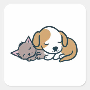 Puppy en kitten samen slapen vierkante sticker