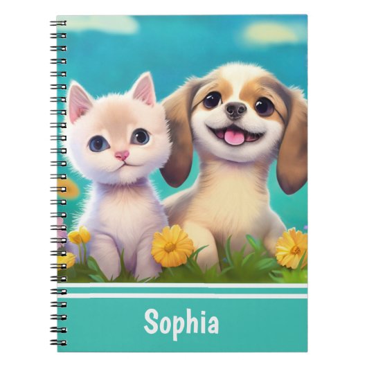 Puppy en kitten Schattigee gepersonaliseerde Kinde Notitieboek (Voorkant)