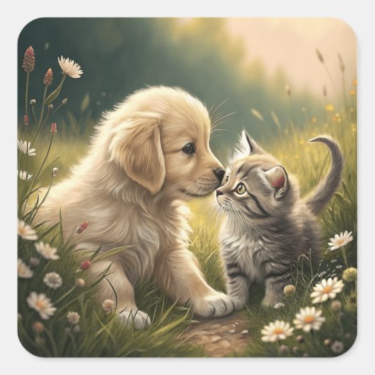 Puppy en Kitten Vierkante Sticker (Voorkant)