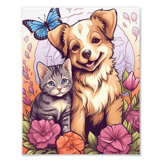 Puppy en kitten, vlinder en bloem spel foto afdruk (Voorkant)