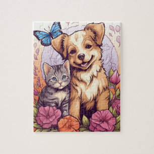 Puppy en kitten, vlinder en bloem spel puzzel