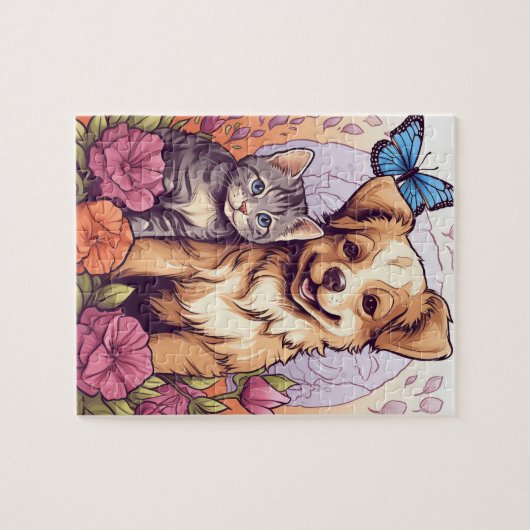 Puppy en kitten, vlinder en bloem spel puzzel legpuzzel (Horizontaal)
