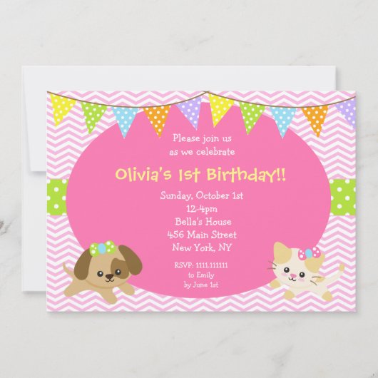 Puppy en Kitty Cat Dog Birthday-uitnodigingen Kaart (Voorkant)