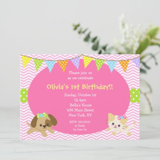 Puppy en Kitty Cat Dog Birthday-uitnodigingen Kaart (Staand voorkant)