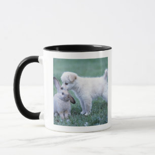 Puppy en konijn in de luik op gras mok