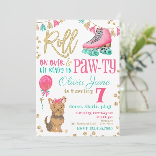 Puppy en Rolschaatsen Verjaardag Uitnodiging (Staand voorkant)