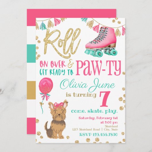 Puppy en Rolschaatsen Verjaardag Uitnodiging (Voorkant / Achterkant)