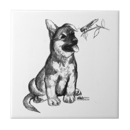 Puppy en sprinkhaan tegeltje (Voorkant)
