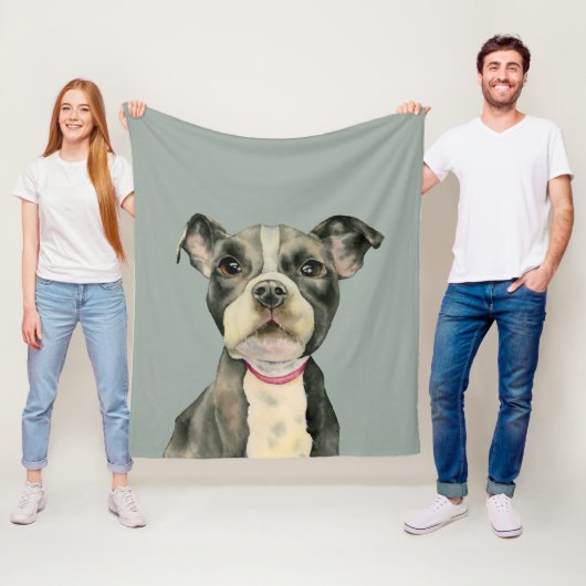 "Puppy Eyes" Pit Bull Dog Waterverf Schilderij Fleece Deken (In situ)