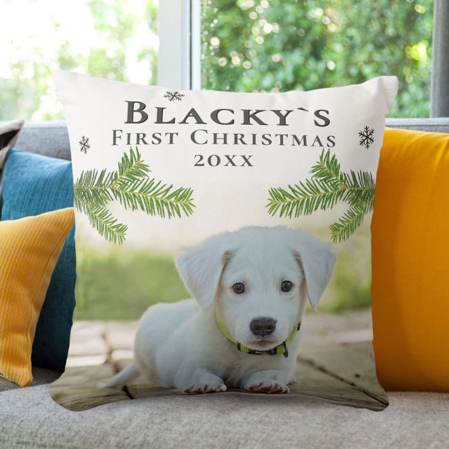 Puppy First Kerstpine Branch Dog Foto Kussen (Creator heeft geüpload)