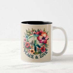 Puppy & Floral 70s Retro "Peace & Love" Vredesbord Tweekleurige Koffiemok