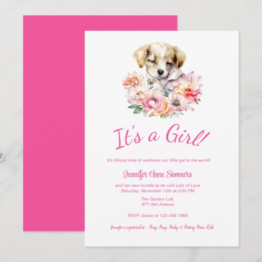 Puppy & Flowers Baby shower Uitnodiging (Voorkant / Achterkant)