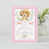 Puppy hond baby shower uitnodiging roze meisje (Staand voorkant)