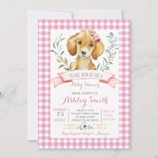 Puppy hond baby shower uitnodiging roze meisje (Voorkant)