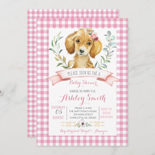 Puppy hond baby shower uitnodiging roze meisje (Voorkant / Achterkant)
