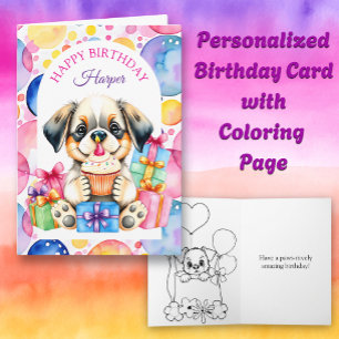 Puppy Hond met Cupcake Kleurplaat Verjaardag Kaart
