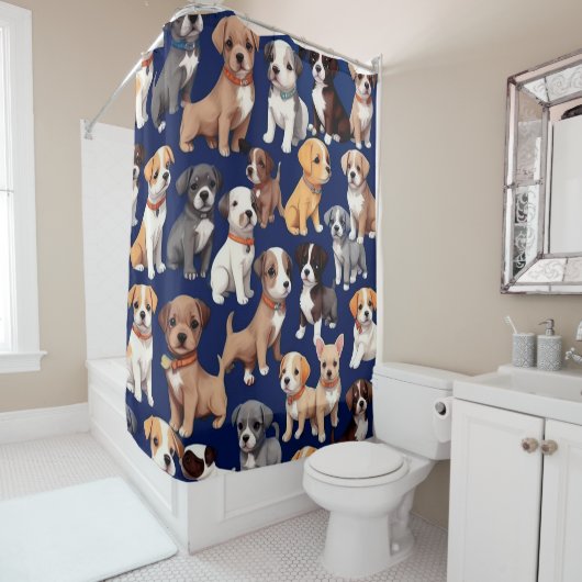 Puppy Hond Navy Blauw Patroon Ontwerp Douchegordijn (In situ)