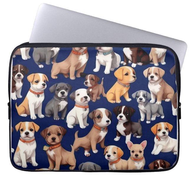 Puppy Hond Navy Blauw Patroon Ontwerp Laptop Sleeve (Voorkant)