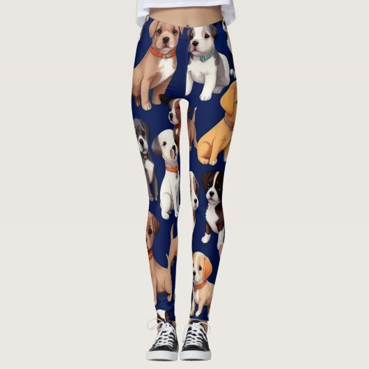 Puppy Hond Navy Blauw Patroon Ontwerp Leggings (Voorkant)