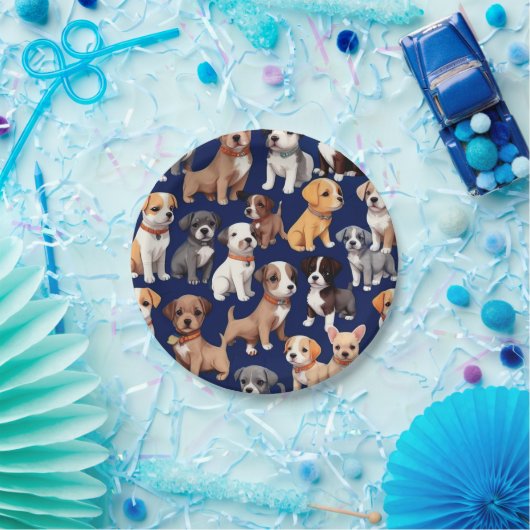 Puppy Hond Navy Blauw Patroon Ontwerp Papieren Bordje (Feest)