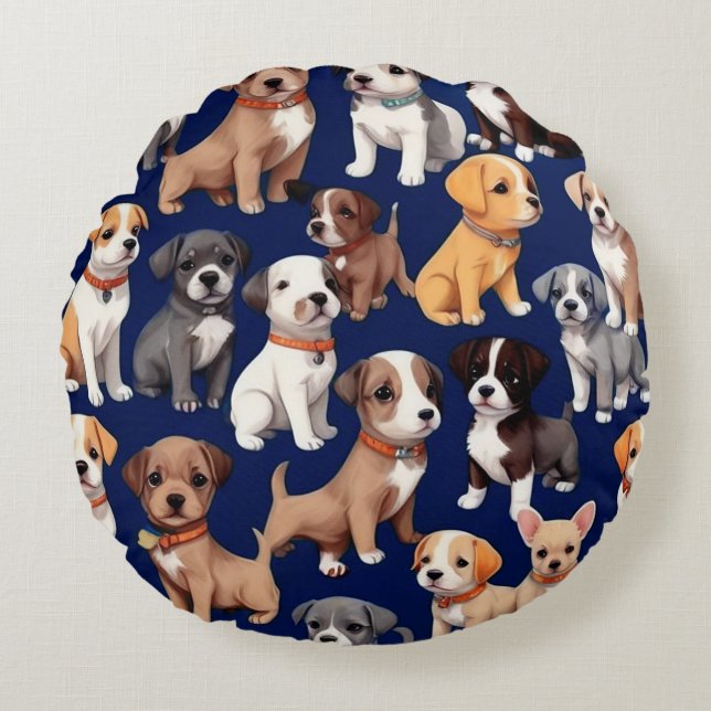 Puppy Hond Navy Blauw Patroon Ontwerp Rond Kussen (Voorkant)