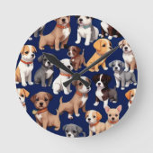 Puppy Hond Navy Blauw Patroon Ontwerp Ronde Klok (Voorkant)