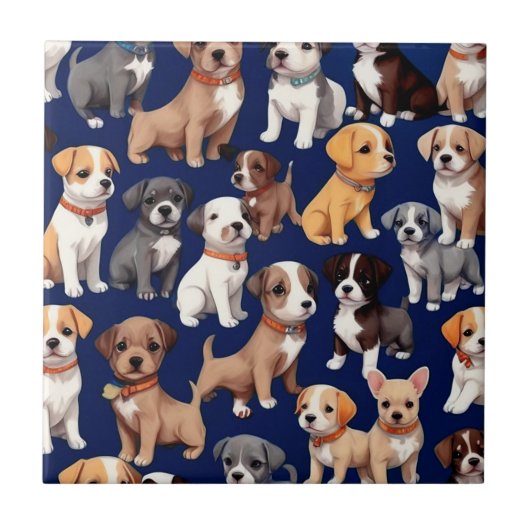 Puppy Hond Navy Blauw Patroon Ontwerp Tegeltje (Voorkant)