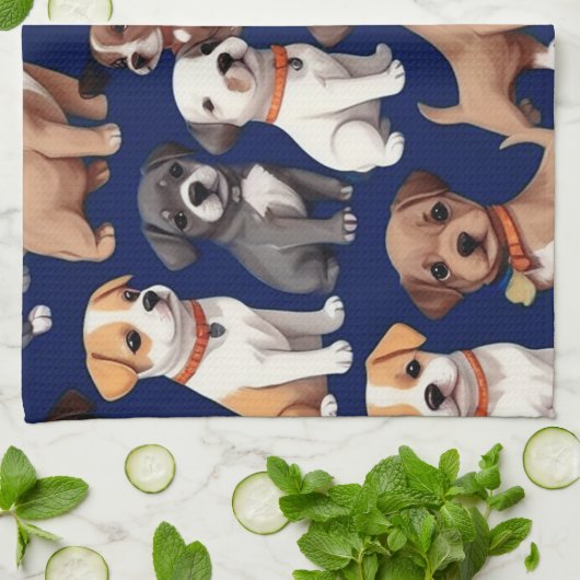 Puppy Hond Navy Blauw Patroon Ontwerp Theedoek (Gevouwen)