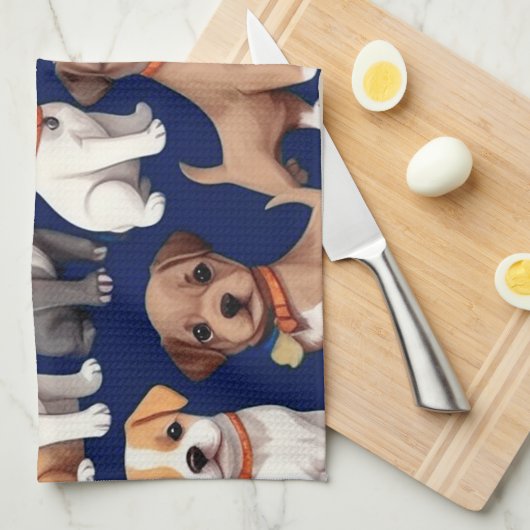 Puppy Hond Navy Blauw Patroon Ontwerp Theedoek (Quarter Fold)
