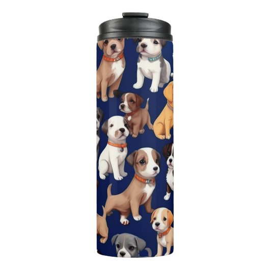 Puppy Hond Navy Blauw Patroon Ontwerp Thermosbeker (Voorkant)