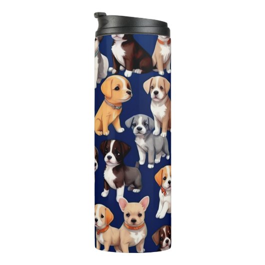 Puppy Hond Navy Blauw Patroon Ontwerp Thermosbeker (Geroteerd rechts)
