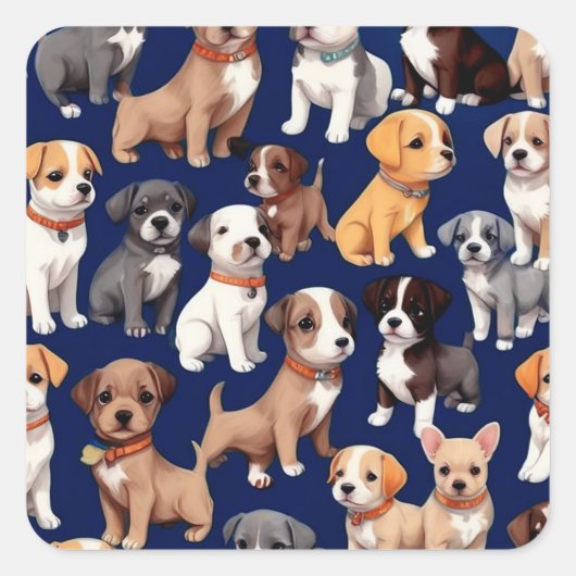 Puppy Hond Navy Blauw Patroon Ontwerp Vierkante Sticker (Voorkant)