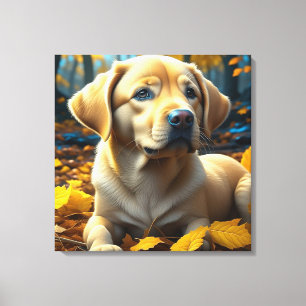 Puppy hond spelen in herfst bladeren canvas afdruk